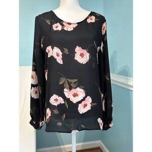 Worthington Womens Black Pink Floral Balloon Sleeve Blouse Keyhole Back Large